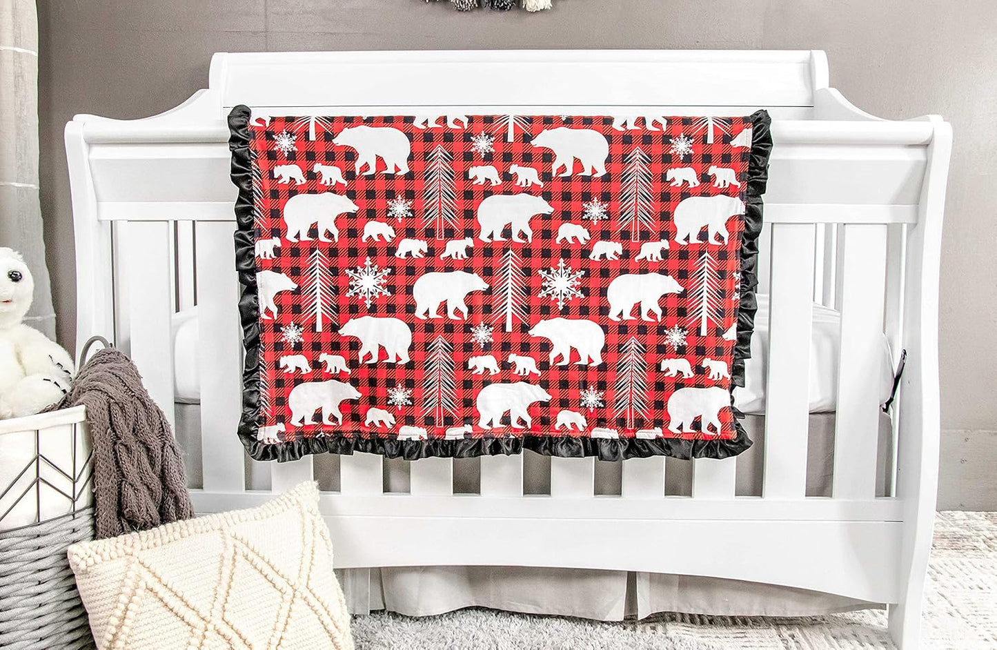 Top Tots Baby Blanket - Bear Cubs & Snowflakes with Minky Dot & Satin Ruffle, 31 x 31 Inch Red & Black Plaid