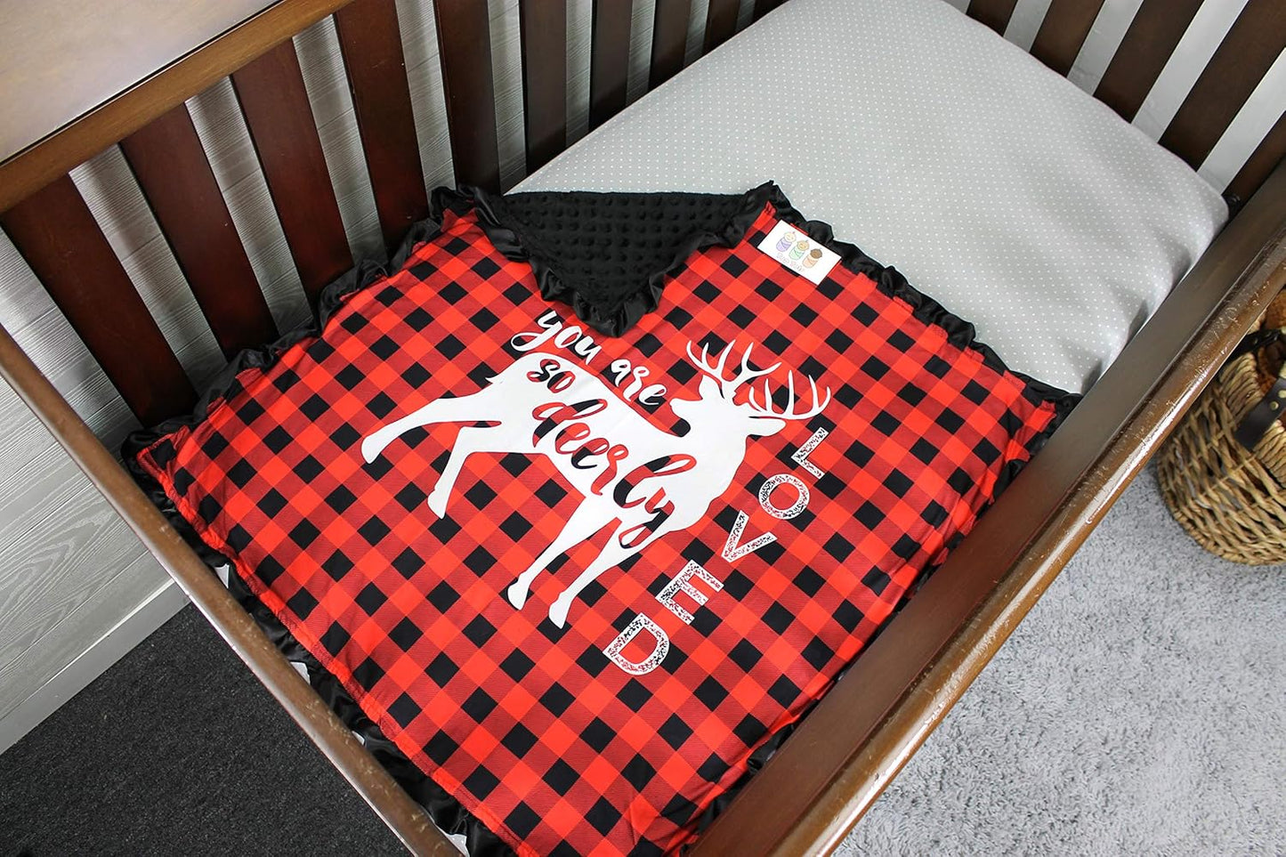 Top Tots Baby Blanket - Minky, Deer with Text, White on Red and Black Plaid, with Black Ruffles