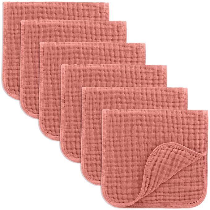 Comfy Cubs Muslin Burp Cloths 20" x 10", Pack of 6 - Large, 6-Layer, Ultra Absorbent 100% Cotton for Baby Drool and Messes - Soft, Safe & Gentle Baby Burp Cloths Set for Boys & Girls - Dusty Rose