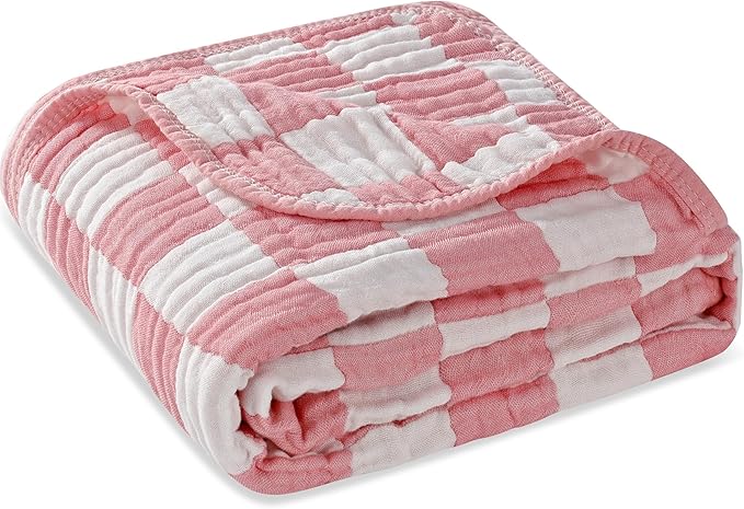 Ultra-Soft Muslin Baby Blanket - Swaddle & Crib for Girls, Pink Checkered (1-Pack)