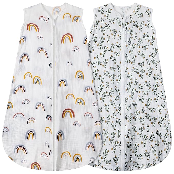 2 Pack Baby Sleep Sack 12-18 Months 100% Organic Cotton Muslin Baby Sleeping Bag 2-Way Zipper Wearable Blankets (Rainbow & Leaf, Large)