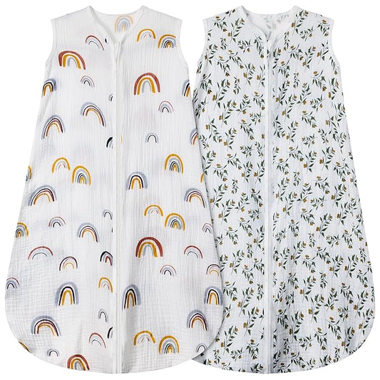 2 Pack Baby Sleep Sack 12-18 Months 100% Organic Cotton Muslin Baby Sleeping Bag 2-Way Zipper Wearable Blankets (Rainbow & Leaf, Large)