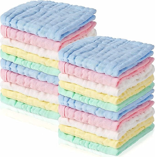 Breling 20 Pcs Baby Muslin Washcloth 12 x 12 Inch 100% Cotton Soft and Absorbent Muslin Washcloth Burp Cloth Wipe Newborn Face Towel for Baby Boy Girl Sensitive Skin (Blue, White, Green, Yellow, Pink)