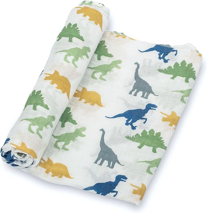 LollyBanks Muslin Swaddle Blankets, 100% Cotton Newborn Blanket for Boys and Girls, Large 47 x 47 Inches Lightweight and Breathable Baby Swaddle Blanket, Baby Essentials, Registry (Dinosaur Theme)