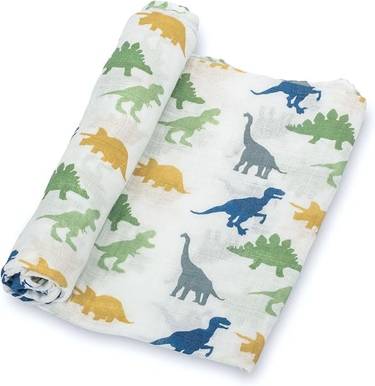LollyBanks Muslin Swaddle Blankets, 100% Cotton Newborn Blanket for Boys and Girls, Large 47 x 47 Inches Lightweight and Breathable Baby Swaddle Blanket, Baby Essentials, Registry (Dinosaur Theme)