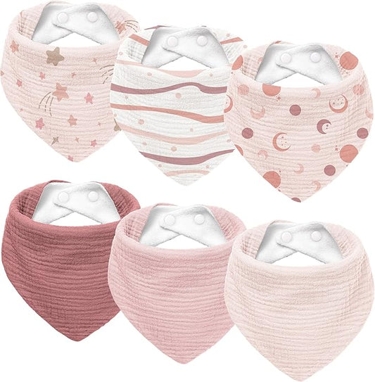 Susurration Muslin Baby Drool Bibs 6Pack Soft Triangular Adjustable Baby Bandana Bibs for Unisex Baby Girls & Boys
