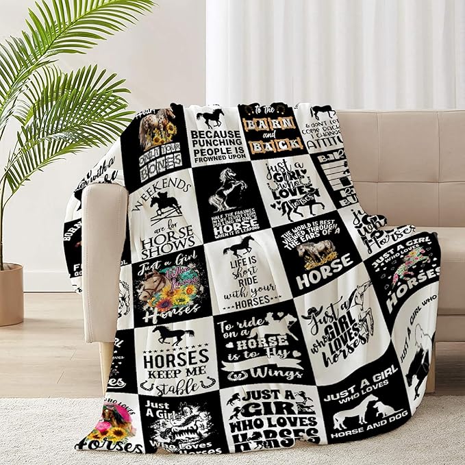 Horse Blanket for Baby Girls Black White Throw Blanket for Boys, Lightweight Animals Soft Flannel Blankets for Kids Gifts, 30x40 Inches