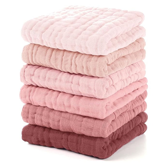 Muslin Baby Washcloths 6 Pack, 100% Cotton Wash Cloths for Babies, Large 12''X12'' Burp Cloths Absorbent and Soft for Newborn Infants Kids Boys Girls - Gradient Pink