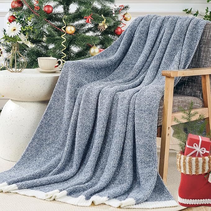 NEXHOME PRO Super Soft Throw Blankets, Cozy Warm Blankets Knit Blanket for Women, Fuzzy Plush Lightweight Throws for Couch, Sofa, Bed, Picnic, Heather Blue White, 50 x 60 inches