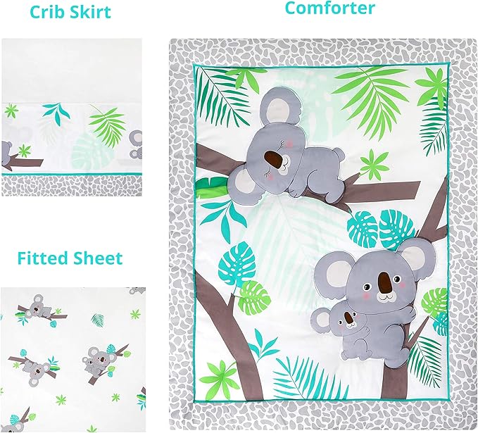 La Premura Baby Koala Nursery Crib Bedding Set, 3 Piece Standard Size Crib Set, Grey and Green, Unisex Nursey Bedding and Neutral Decor