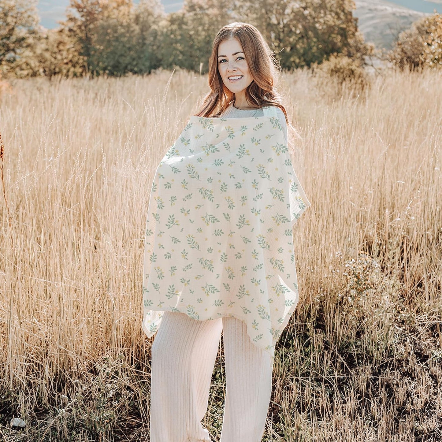 Konssy Muslin Nursing Cover for Baby Breastfeeding, Breathable 100% Cotton Breastfeeding Cover with Rigid Hoop for Mother Nursing Apron, Multi-use Carseat Canopy (Leafy)