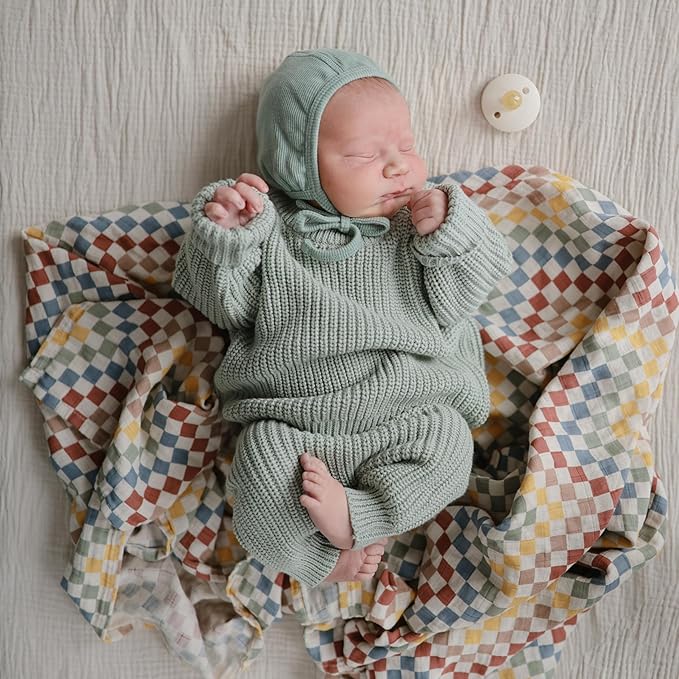 mushie Muslin Baby Swaddle Blanket | 100% Organic Cotton (Retro Check)