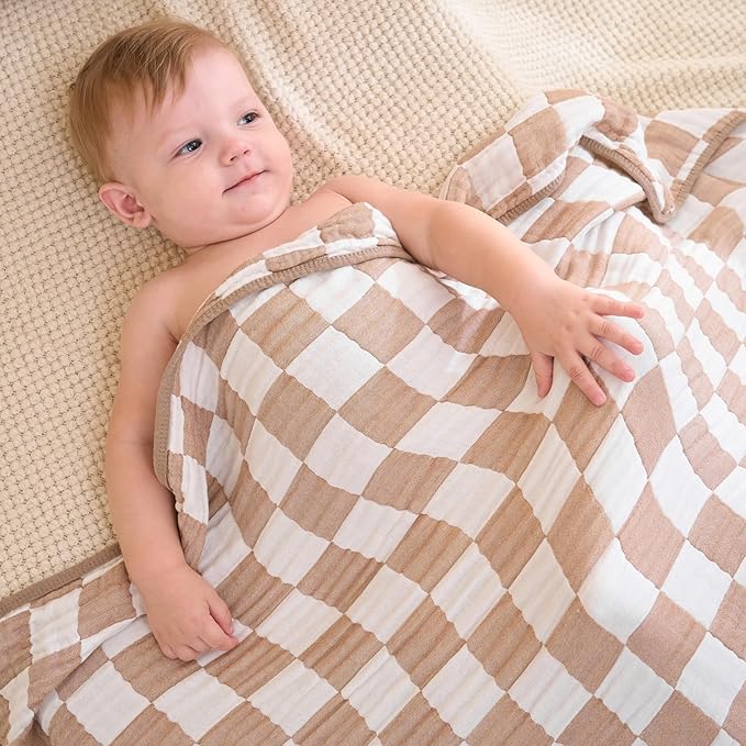 Ultra Soft Muslin Baby Blanket,A Versatile Swaddle and Bed Blanket for Babies, Toddlers, Boys, and Girls (1 Coffee Checkered 1 Pack).