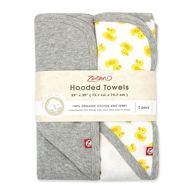 Zutano Hooded Baby Towels, Organic Cotton Baby Bath Towel, Ultra Soft and Absorbent Baby Towel for Newborn and Infant | Girl, Boy, and Unisex Towel Set, Rubber Duckies, 2-Pack