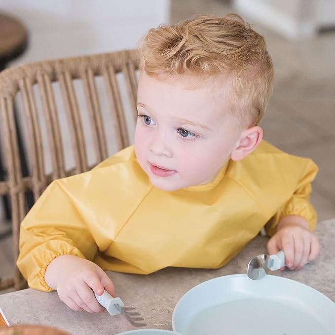 Tiny Twinkle Long Sleeve Bib for Babies & Toddlers – 2 Pack Waterproof Smock Bibs for Eating – Machine Washable & Mess-Proof, Baby Feeding Essential & Shower Must-Have (Taupe Dandelion,2-4Y)