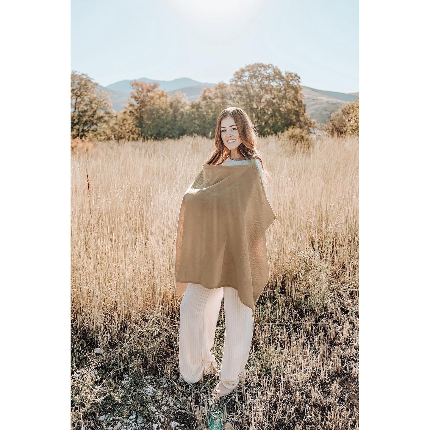 Konssy Muslin Nursing Cover for Baby Breastfeeding, Breathable 100% Cotton Breastfeeding Cover with Rigid Hoop for Mother Nursing Apron, Multi-use Carseat Canopy (Camel)