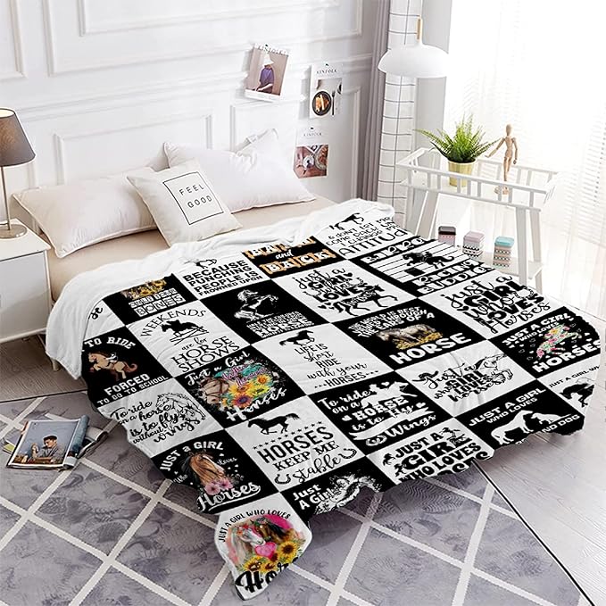 Horse Blanket for Baby Girls Black White Throw Blanket for Boys, Lightweight Animals Soft Flannel Blankets for Kids Gifts, 30x40 Inches