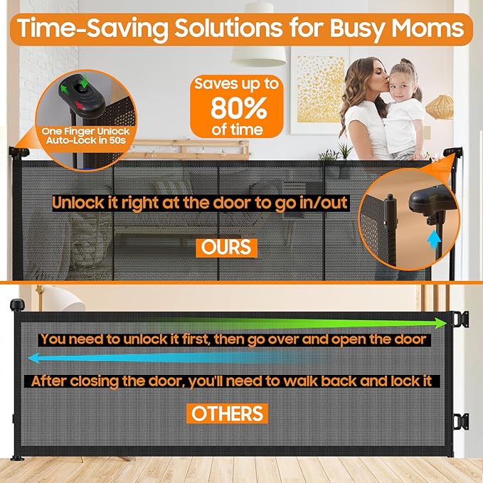 Retractable Baby Gates - 200" Extra Wide Retractable Dog Gate, 42" Extra Tall Mesh Gate Pet Gate with Support Rods, Long Child Safety Gate for Stairs Doorways Indoor Outdoor Large Openings - Black