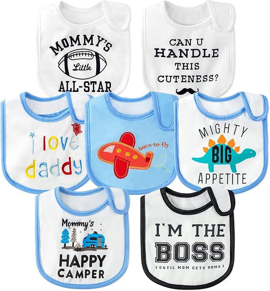 7Pcs Cotton Waterproof Baby Bibs Hook Loop Closure Newborn Bib Keepsake Baby Gift for Drooling Feeding Eating