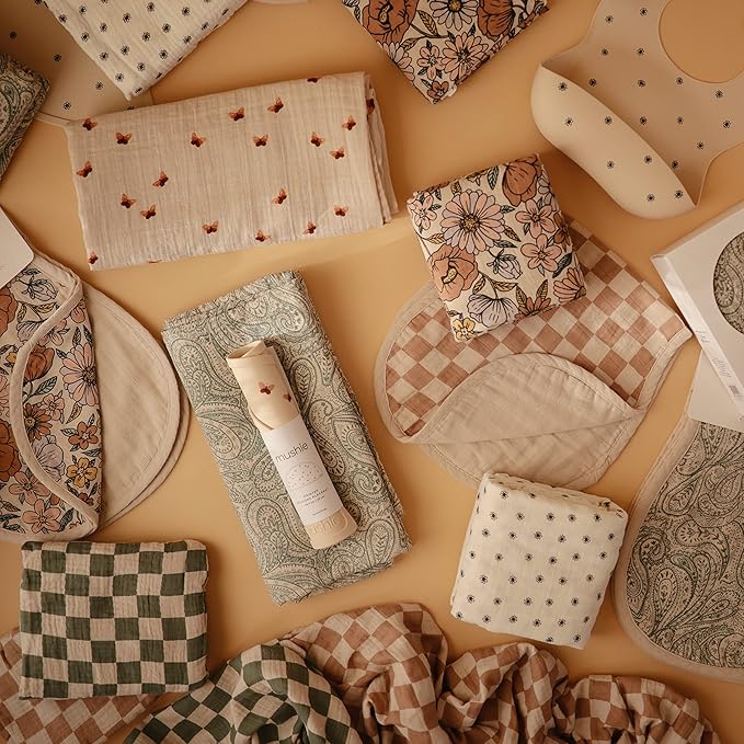 mushie Muslin Baby Burp Cloths | 100% Organic Cotton, Set of 2 (Olive Check/Natural Check)