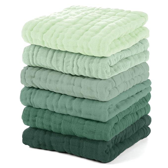 Muslin Baby Washcloths 6 Pack, 100% Cotton Wash Cloths for Babies, Large 12''X12'' Burp Cloths Absorbent and Soft for Newborn Infants Kids Boys Girls - Gradient Green