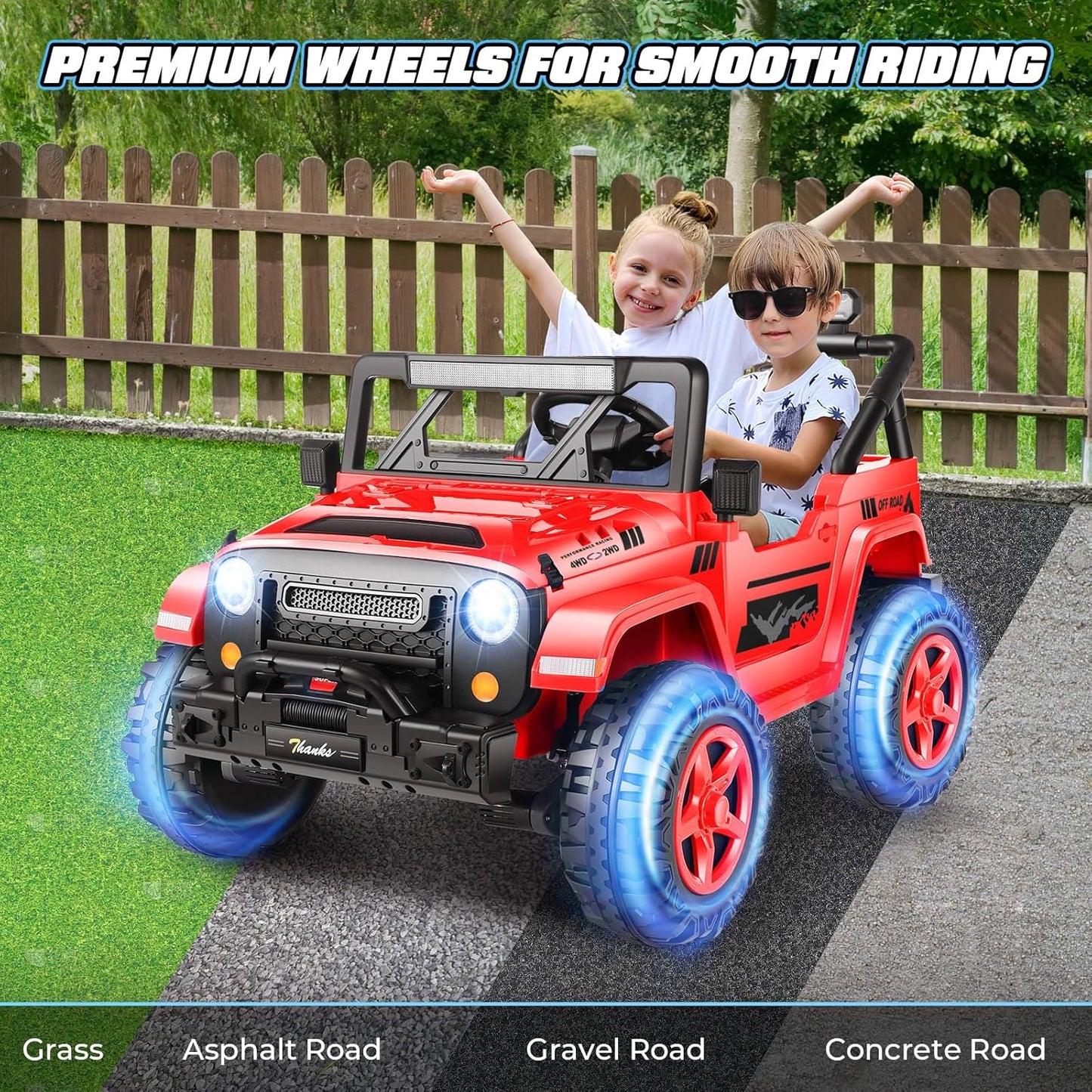 Hikole 24V Kids Electric Car with Remote Control - 4WD/2WD Switchable Two Seater Ride on Cars with 4x200W Powerful Engines, LED Lights, Spring Suspension, Ride on Toys for Kids Ages 4-8, Red