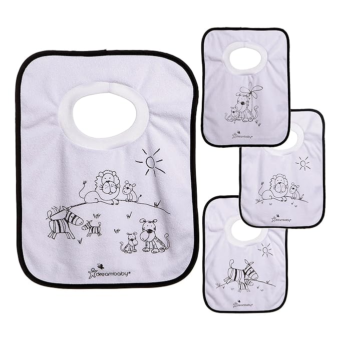 Dreambaby Terry Cloth Cotton Pullover Baby Bibs for Teething Feeding and Drooling - Super Absorbent & Extra Soft - Machine Washable - Jungle Animals