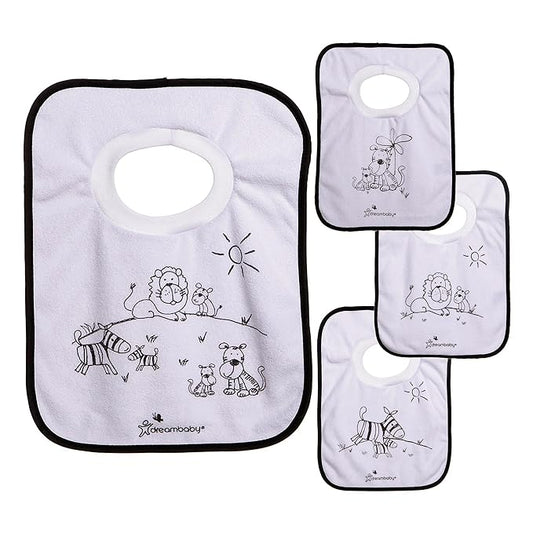 Dreambaby Terry Cloth Cotton Pullover Baby Bibs for Teething Feeding and Drooling - Super Absorbent & Extra Soft - Machine Washable - Jungle Animals