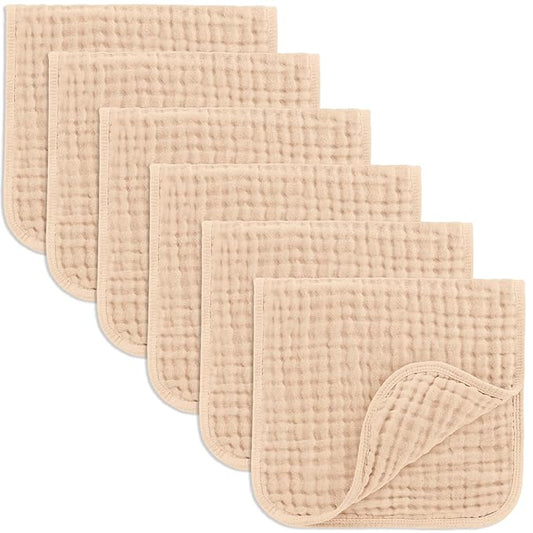 Comfy Cubs Muslin Burp Cloths 20" x 10", Pack of 6 - Large, 6-Layer, Ultra Absorbent 100% Cotton for Baby Drool and Messes - Soft, Safe & Gentle Baby Burp Cloths Set for Boys & Girls - Cream