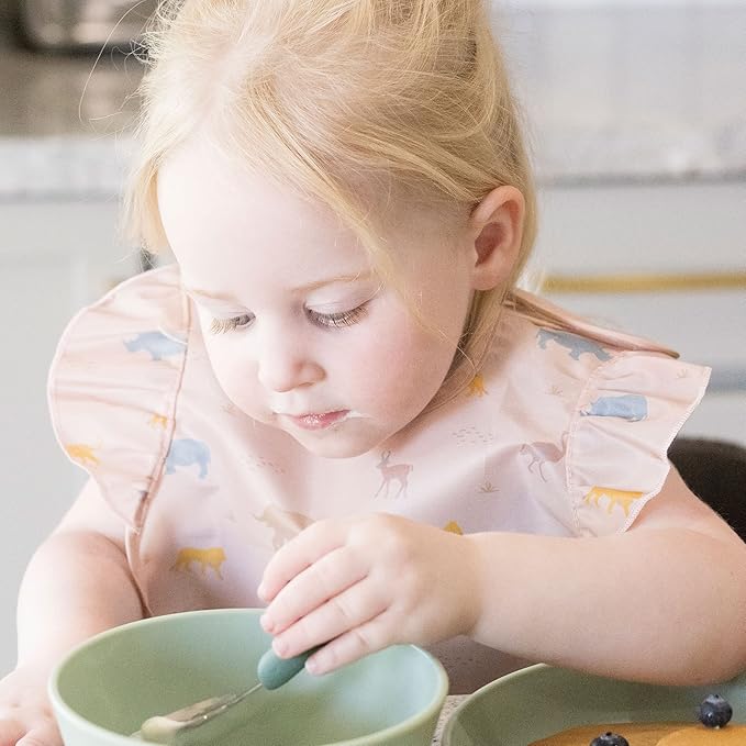 Tiny Twinkle Mess Proof Baby Bibs for Eating – Waterproof, Wipeable Toddler Bibs with Pocket – Baby Food Bibs for Girls & Boys(3 Pack,Petite Safari)