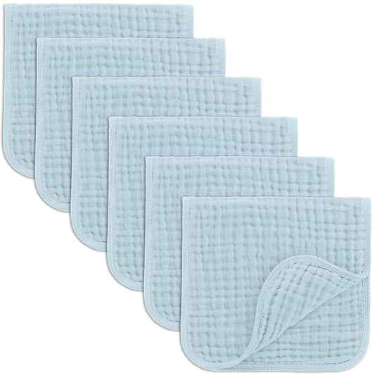 Comfy Cubs Muslin Burp Cloths 20" x 10", Pack of 6 - Large, 6-Layer, Ultra Absorbent 100% Cotton for Baby Drool and Messes - Soft, Safe & Gentle Baby Burp Cloths Set for Boys & Girls - Sky Blue