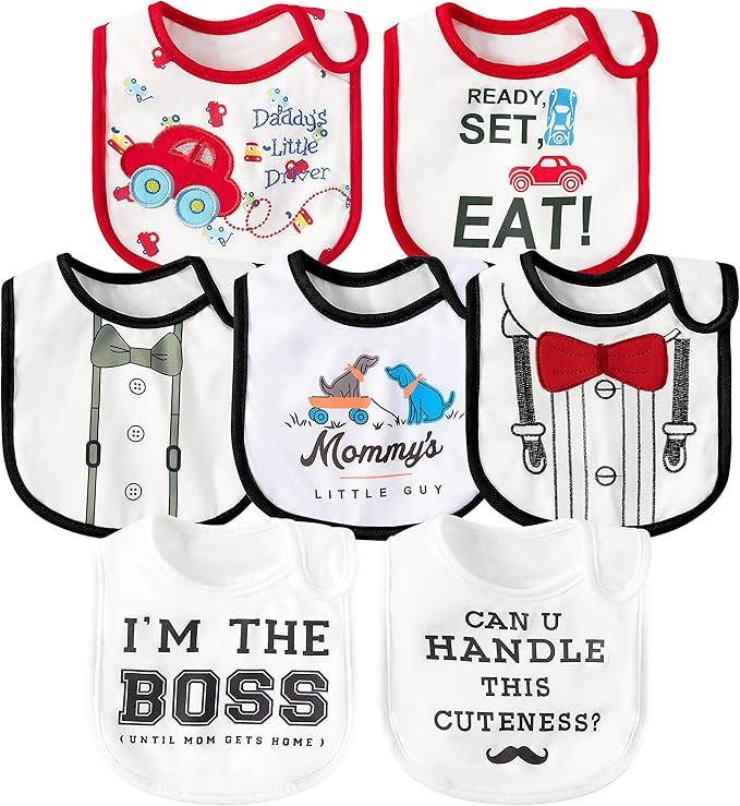 7Pcs Cotton Waterproof Baby Bibs Hook Loop Closure Newborn Bib Keepsake Baby Gift for Drooling Feeding Eating