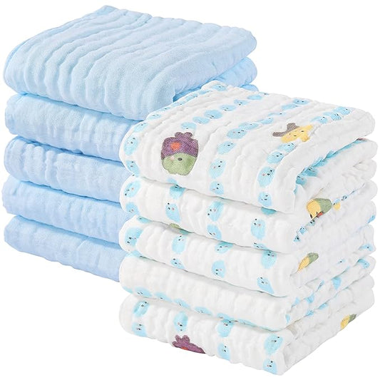 Yoofoss Muslin Baby Washcloths 100% Organic Cotton Face Towels 10 Pack Wash Cloths for Baby 12x12in Soft and Absorbent Baby Wipes (Multicolor)