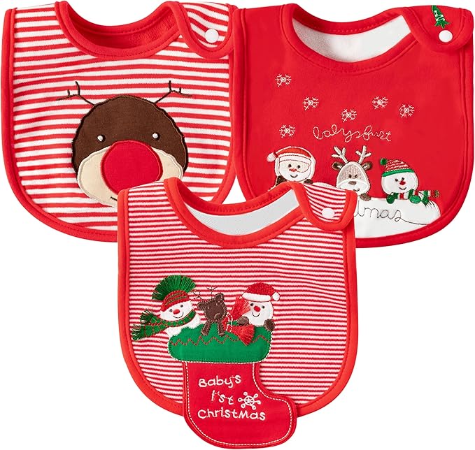 3Pcs Christmas Baby Cotton Bibs with Resin Button Newborn Infant Bibs Christmas Keepsake Baby Gift for Drooling Feeding