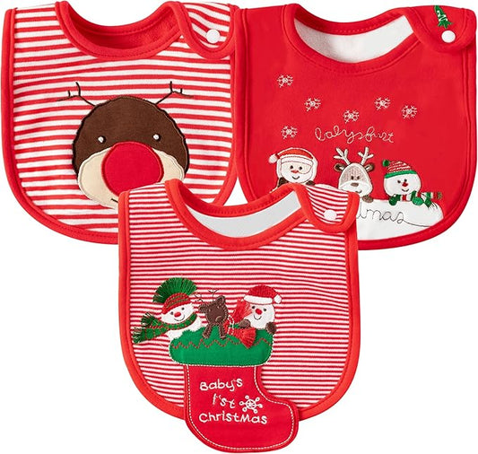 3Pcs Christmas Baby Cotton Bibs with Resin Button Newborn Infant Bibs Christmas Keepsake Baby Gift for Drooling Feeding