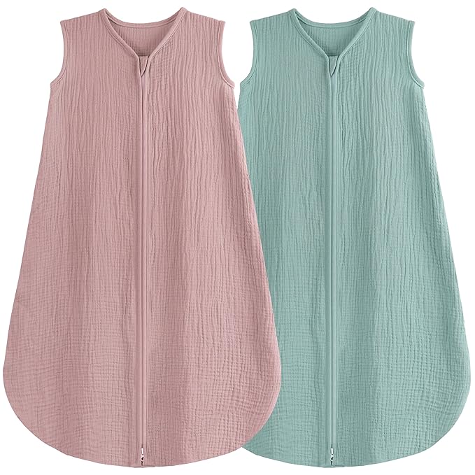 2 Pack Baby Sleep Sack 18-24 Months 100% Organic Cotton Muslin Baby Sleeping Bag 2-Way Zipper Toddler Wearable Blankets Comfy Stretchy Thin Sleep Sacks