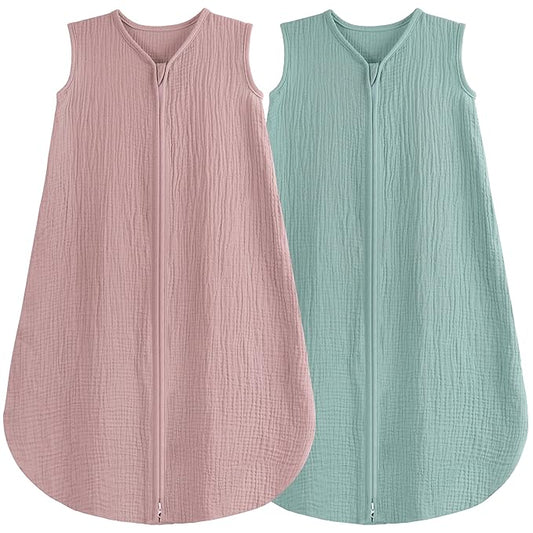 2 Pack Baby Sleep Sack 18-24 Months 100% Organic Cotton Muslin Baby Sleeping Bag 2-Way Zipper Toddler Wearable Blankets Comfy Stretchy Thin Sleep Sacks