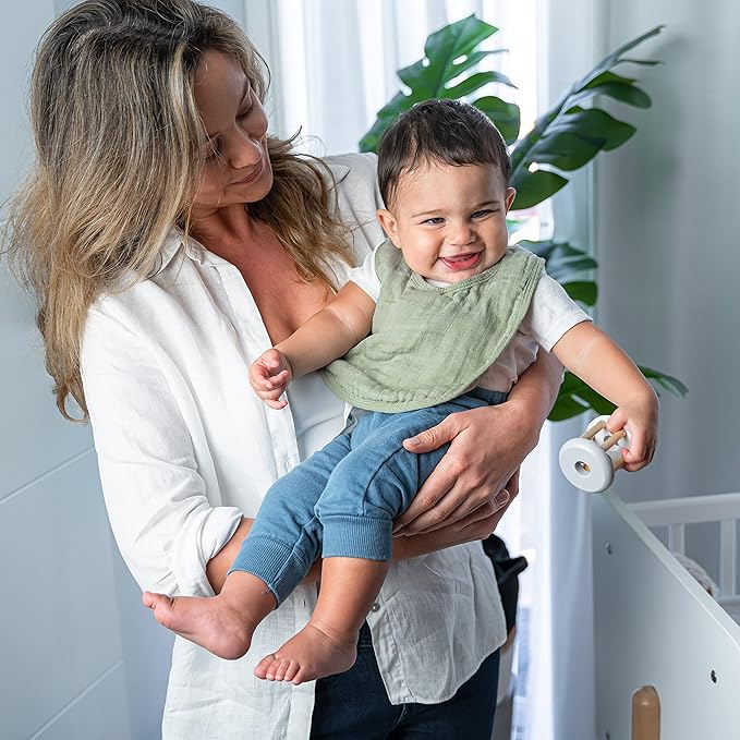 Comfy Cubs Muslin Bibs for Babies, Pack of 8 - Soft and Highly Absorbent, Feeding, Drool and Teething Bib, Adjustable Snaps - Stylish & Colorful Unisex Designs, Giftable Set - Sage