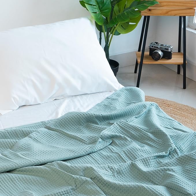 Salt Earth GOTS Certified 100% Organic Cotton Throw Blanket, 108"X90" Blankets & Throws for Bed, Throw Blanket for Couch,Modern & Cozy Blanket, All Seasons Waffle Blanket, Soft Blanket (Silver Blue)