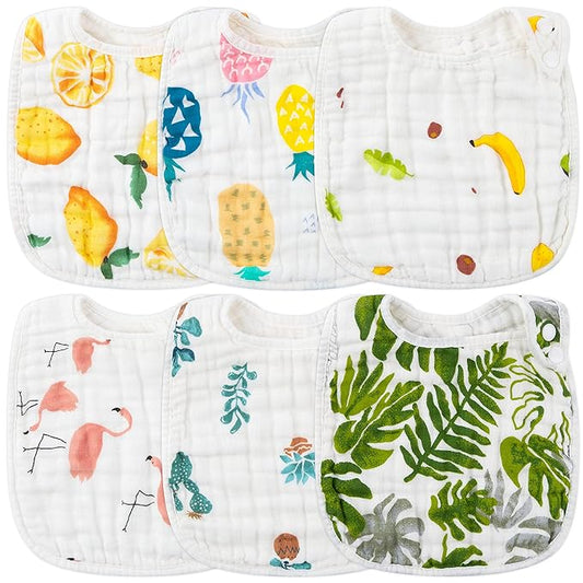 Zainpe 6Pcs Snap Muslin Cotton Bibs for Baby Lemon Flamingo Leaf Pineapple Bib with 6 Absorbent & Soft Layers Machine Washable Adjustable Burp Cloth for Drooling Eating and Teething