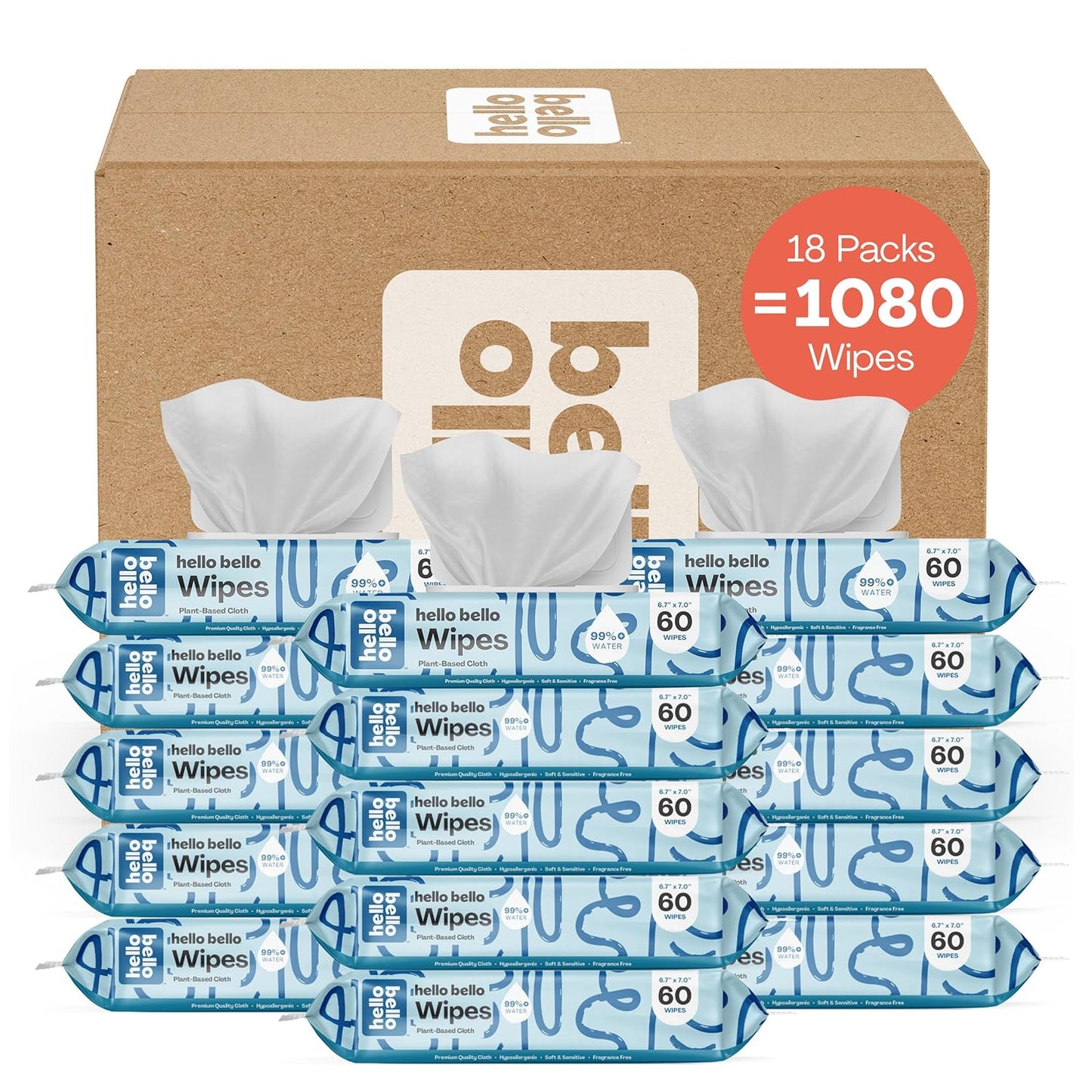 Hello Bello Extra Gentle Unscented Baby Wipes, Plant Based, Made with 99% Water and Aloe for Babies and Kids, 1080 Count
