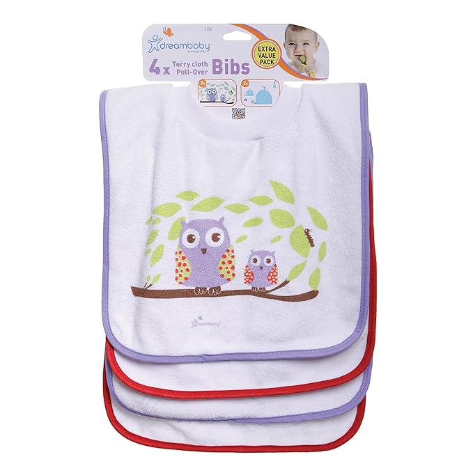 Dreambaby Terry Cloth Cotton Pullover Baby Bibs for Teething Feeding and Drooling - Super Absorbent & Extra Soft - Machine Washable for Easy Cleaning - Owl and Whales