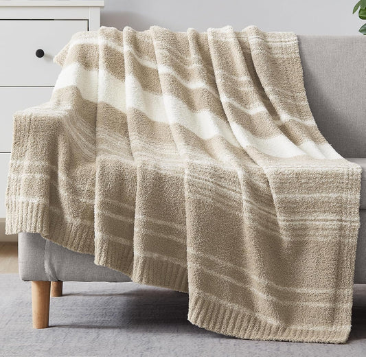 WRENGONGE Khaki Throw Blanket, 50x70 Soft Cozy Striped Throw Blankets for Couch, Sofa, Bed, Travel, Lightweight Fluffy Warm Plush Decorative Blankets for Women, Men,Kids Gift