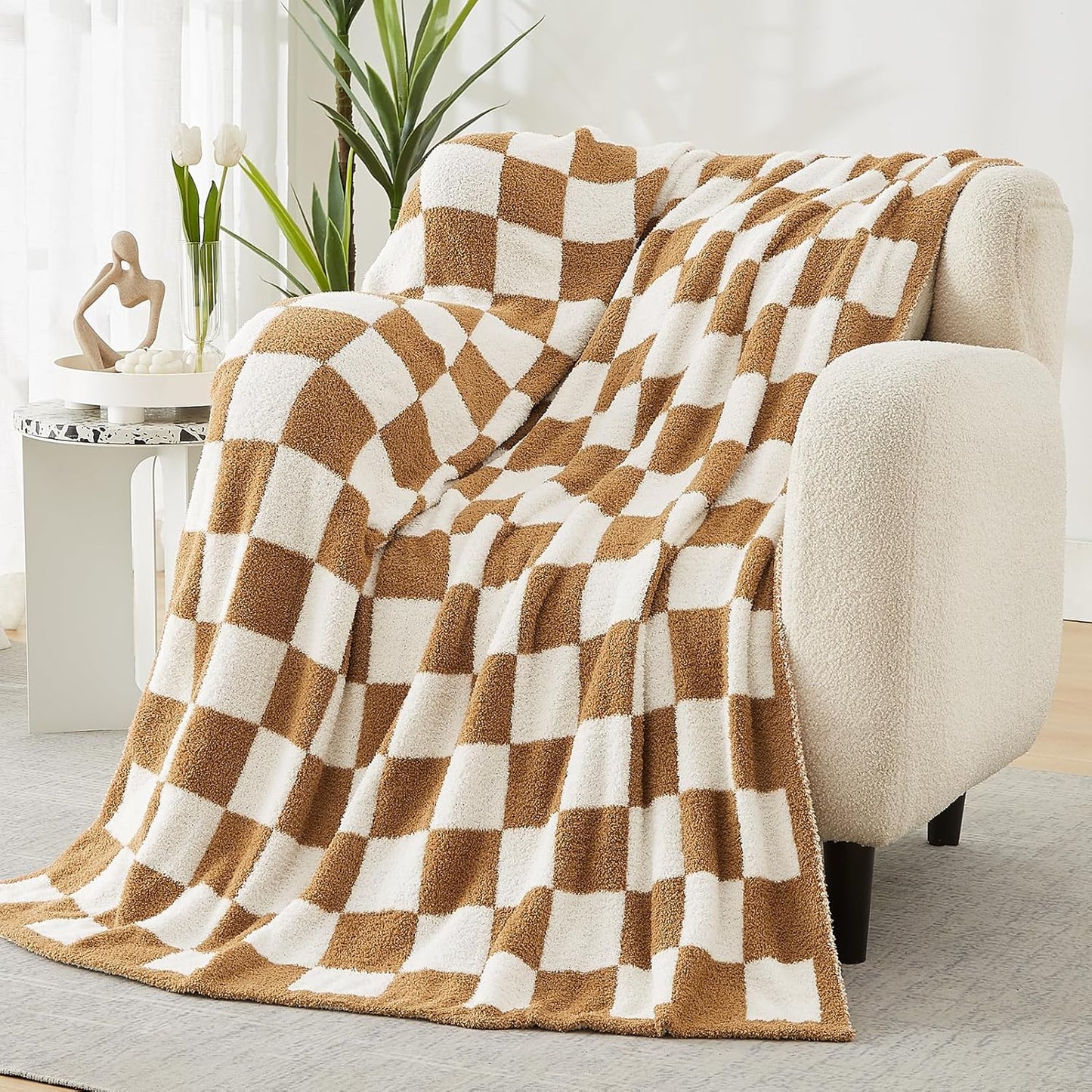 WRENSONGE Checkered Throw Blanket, Burnt Orange Soft Cozy Fluffy Warm Hand Made Throw Blankets for Couch, Sofa, Chair, Bed, Camping, Picnic, Travel Lightweight Bed Blanket - 60"*80"