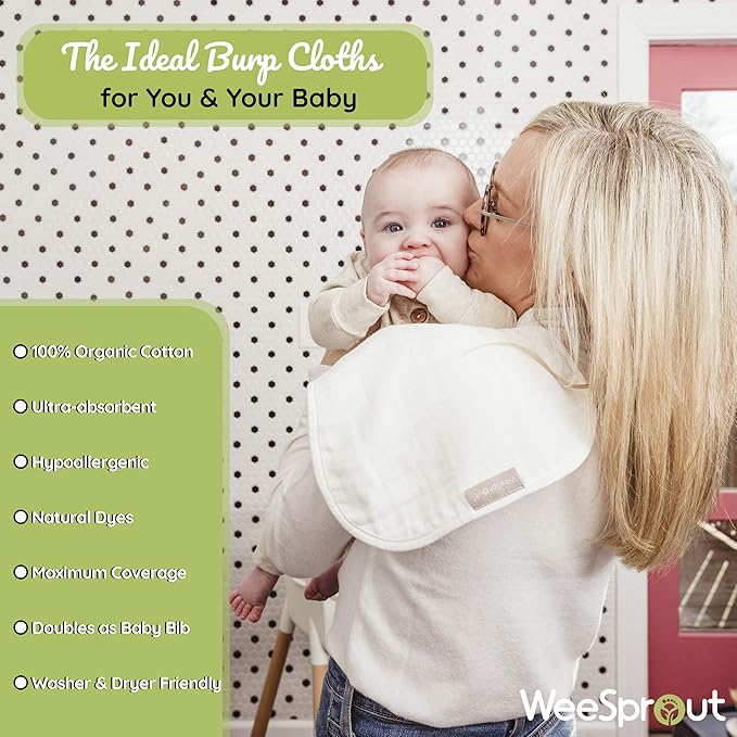 WeeSprout Unisex Organic Towel Cotton Burp Cloths, Set of 4, Four Ultra-Absorbent Layers Keep Clothes Dry, Button Transforms into Baby Bib, Machine Washable & Dryer Safe (White Set, Full)