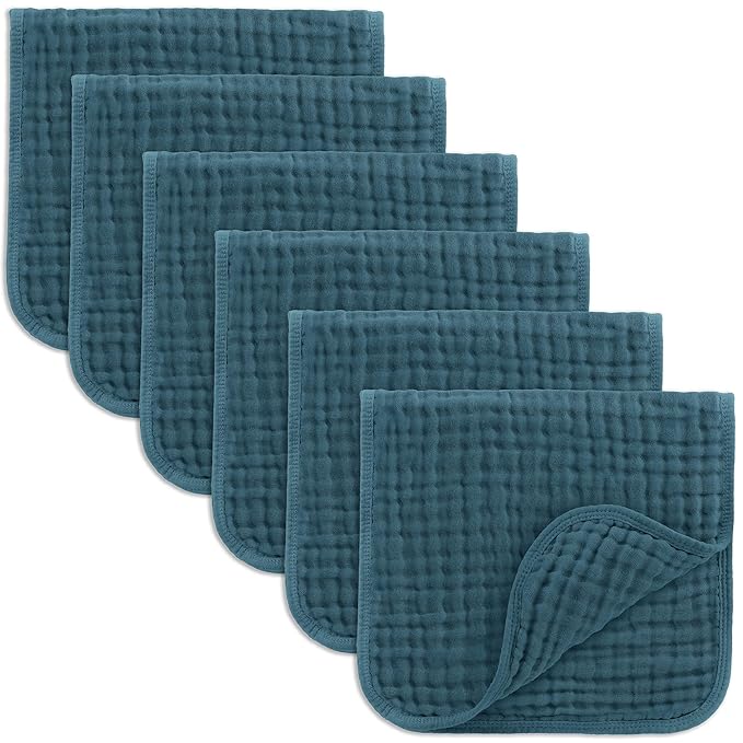Comfy Cubs Muslin Burp Cloths 20" x 10", Pack of 6 - Large, 6-Layer, Ultra Absorbent 100% Cotton for Baby Drool and Messes - Soft, Safe & Gentle Baby Burp Cloths Set for Boys & Girls - Neptune
