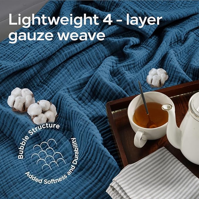Threadmill Muslin Blanket for Queen Size Bed | 4 Layer 100% Cotton Gauze | Soft, Lightweight, and Cozy for All Seasons | Lightweight Summer Blanket | Folkstone Blue