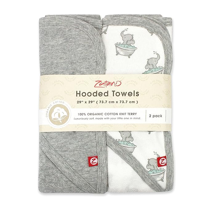 Zutano Hooded Baby Towels, Organic Cotton Baby Bath Towel, Ultra Soft and Absorbent Baby Towel for Newborn and Infant | Girl, Boy, and Unisex Towel Set, Elephant Bath Time, 2-Pack