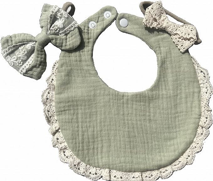 Baby Girl Gift Set, Muslin BoHo Bib with Lace and Matching Bows, Absorbent Cotton Adjustable Bib for Newborn Infant Toddler