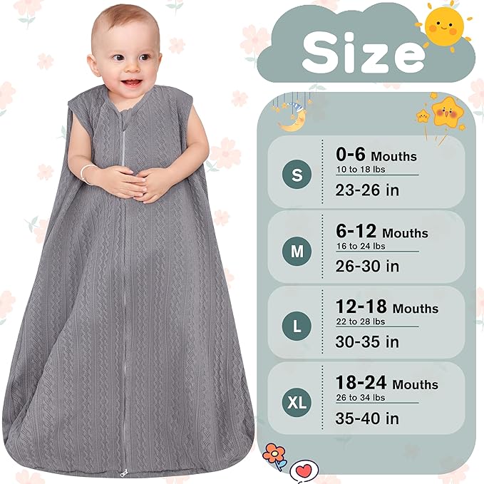 Baby Sleep Sack 0-6 Months, Baby Wearable Blanket 100% Acrylic knit 2-Way Zipper Toddler Sleeping Sack TOG 0.5 (Grey)